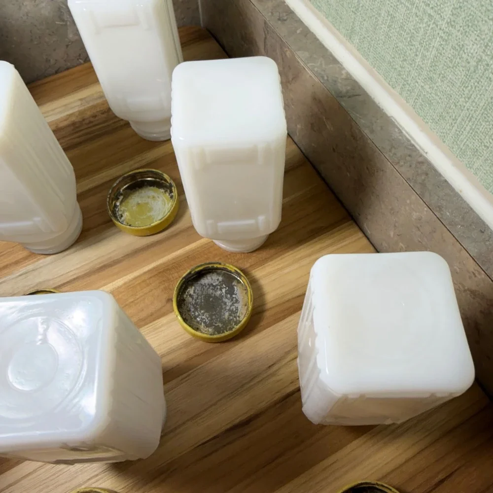 Vintage Griffiths Milk Glass Spice Jars Set of 9 White Art Deco Yellow Lids